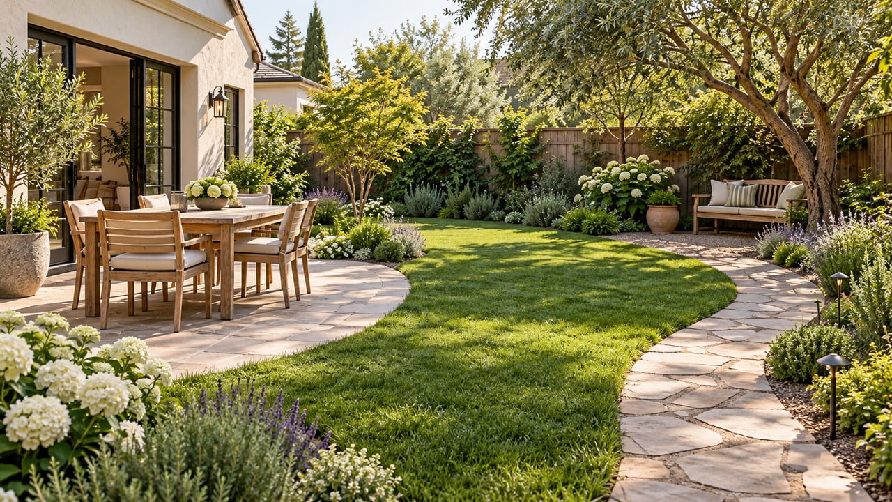 Backyard with a dining terrace, clear path and open lawn for outdoor activities
