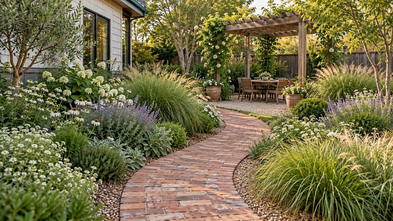 Garden combining a curved brick path, planted borders and a timber pergola