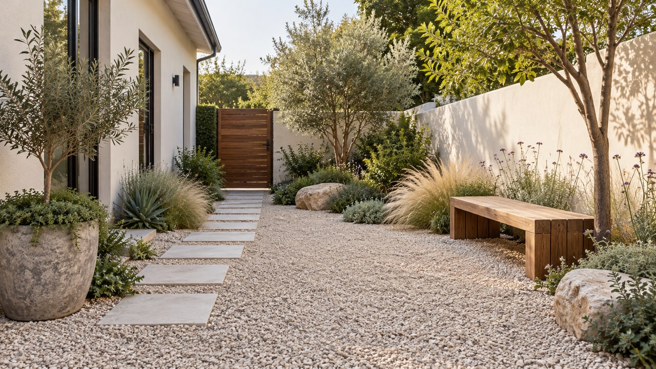 Courtyard with restrained planting, gravel and a simple seating area
