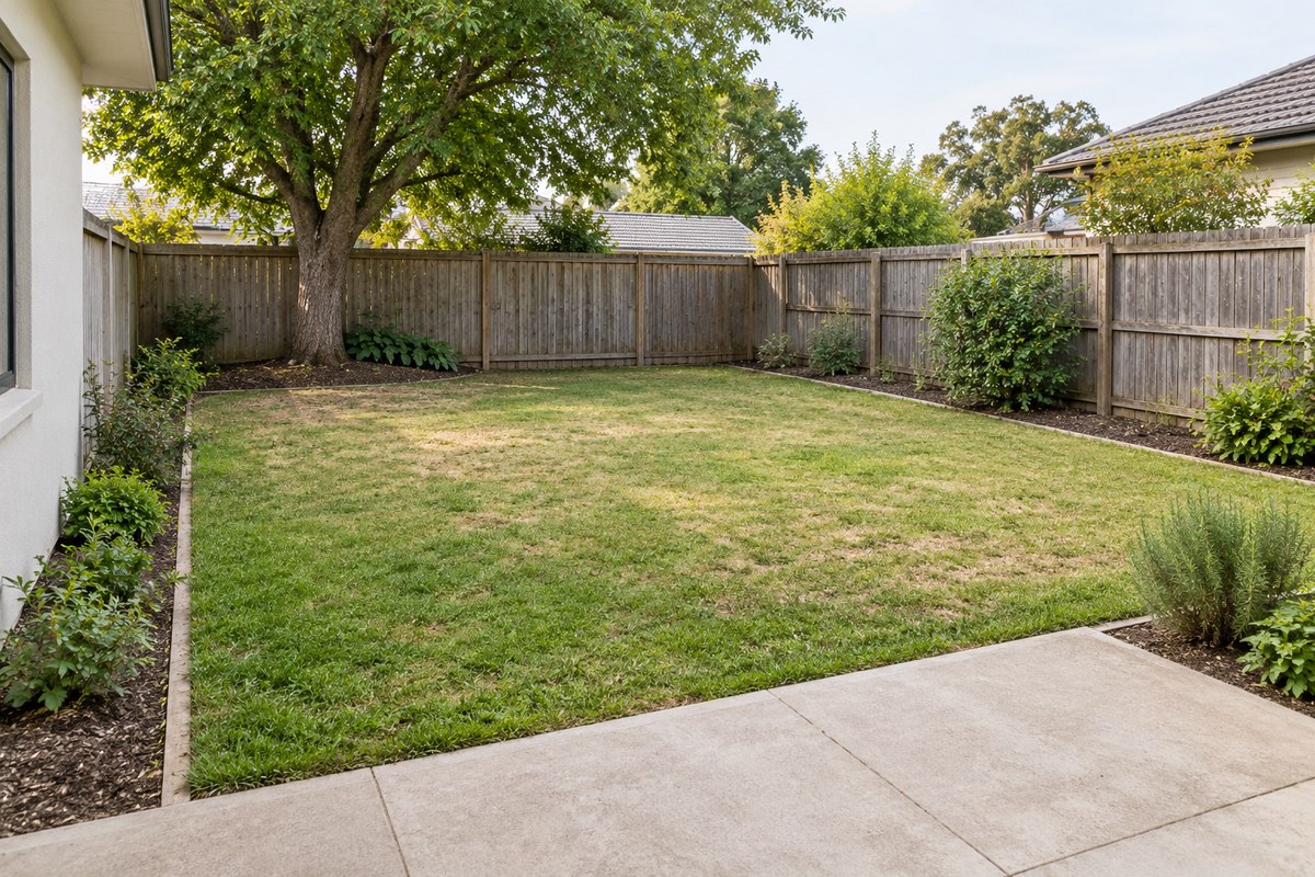Original backyard photo showing an open lawn, patio, fence and existing tree