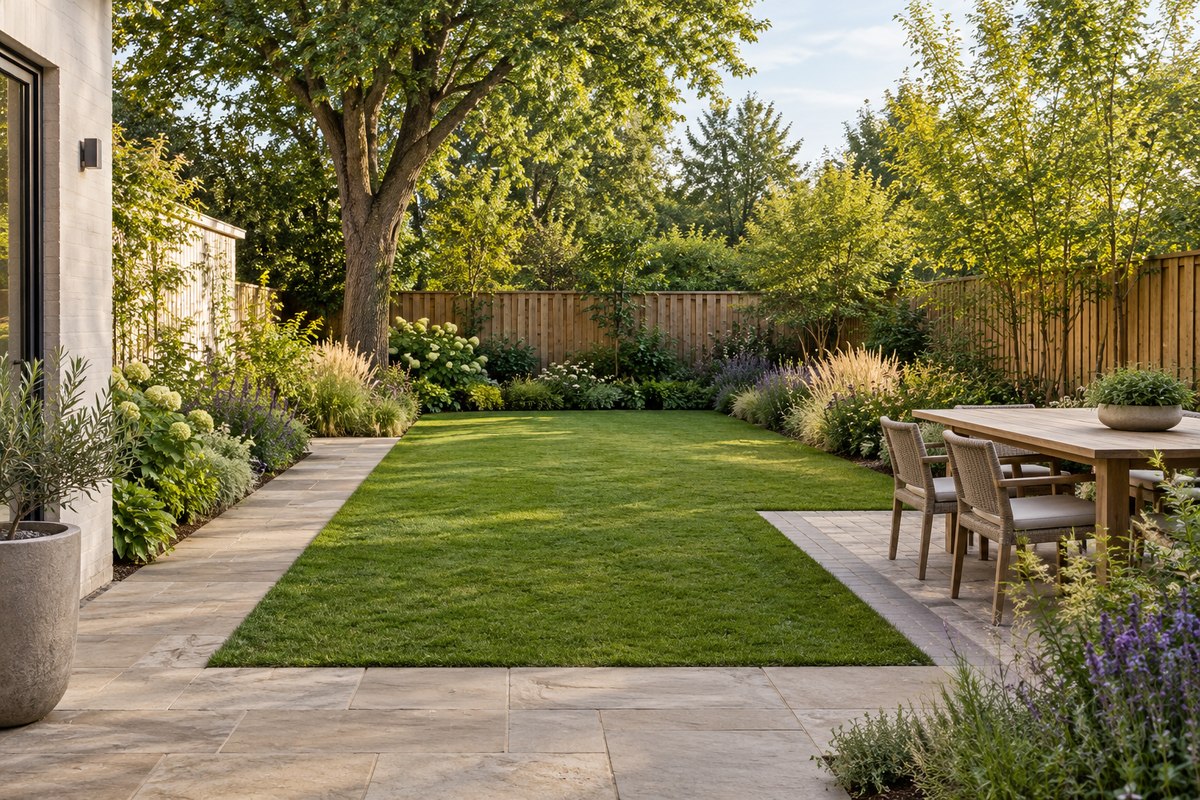 Natural backyard concept with an open lawn, planting borders and an outdoor dining area