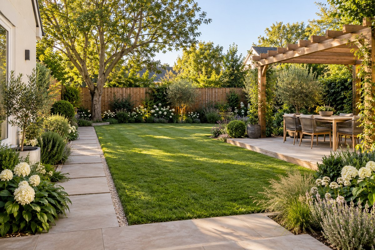 Refined landscape concept with a pergola dining terrace, stone path and layered planting