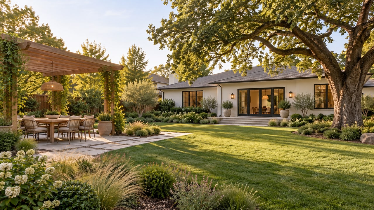 Landscape concept with a clear path, open lawn and pergola dining area