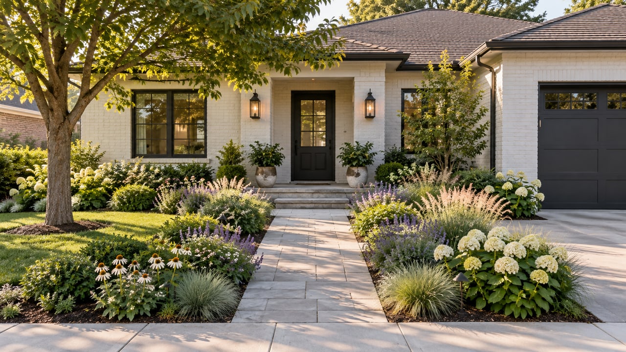 Front entrance framed by planting beds and a clear path to the door