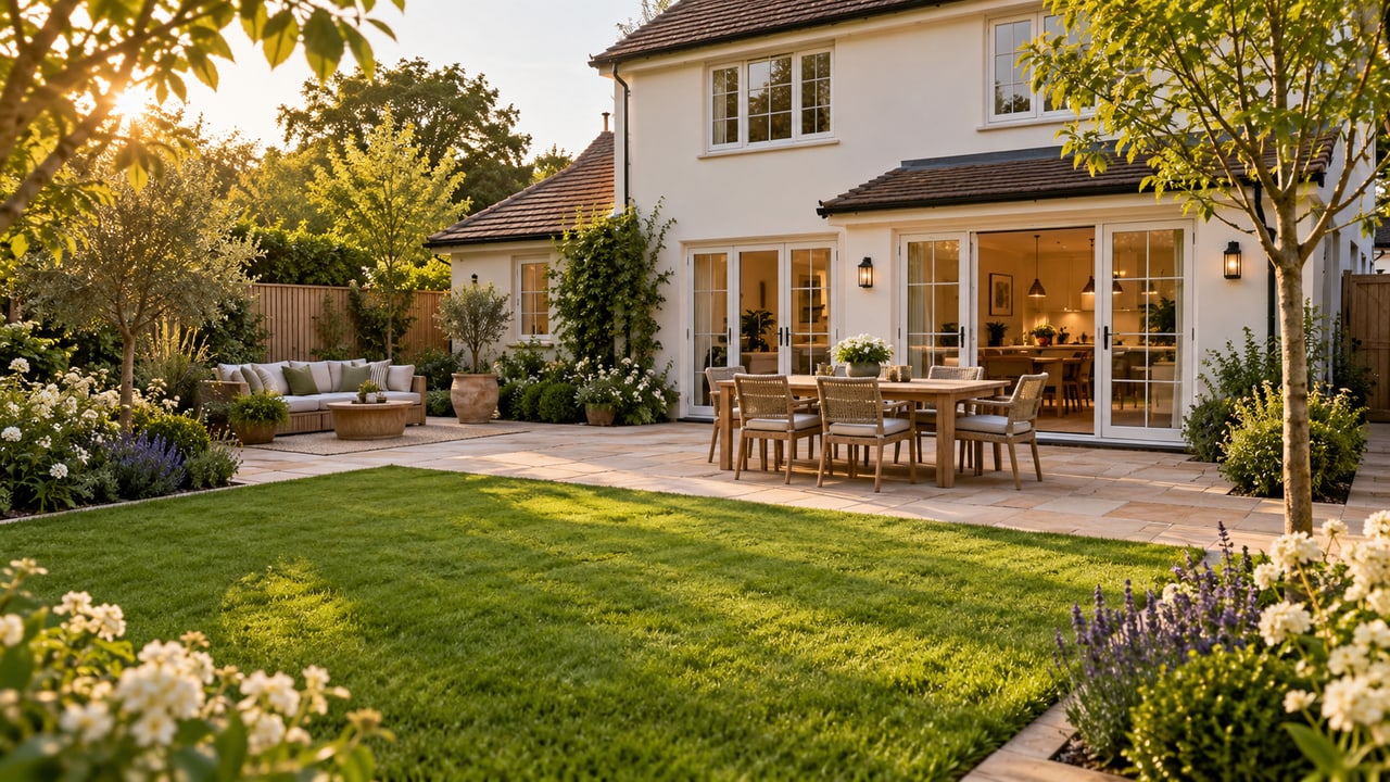 Family backyard with outdoor dining, a lounge area and an open lawn