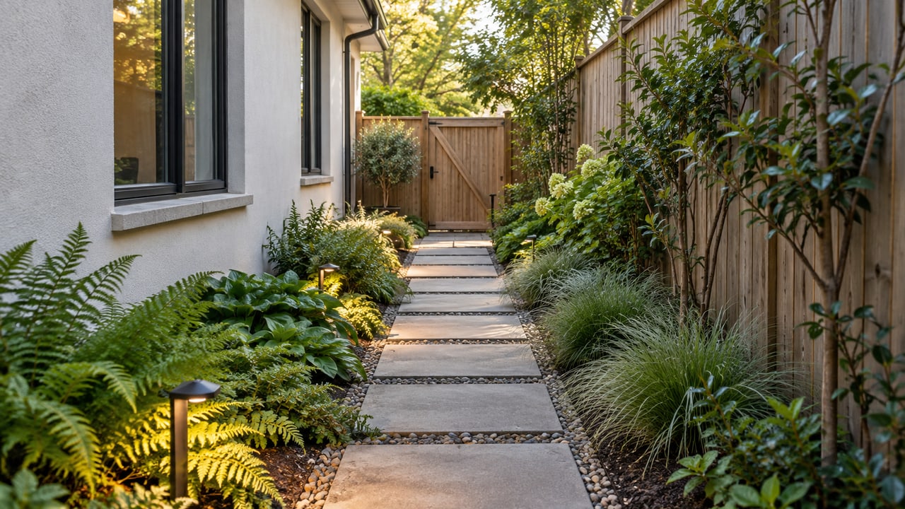 Narrow side yard with a stone path and planting beside a timber fence
